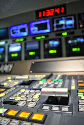 Equipment in control room for television production.