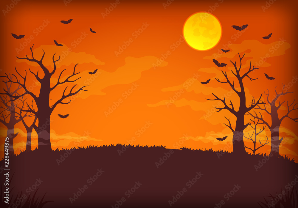 Spooky orange and purple night background with full moon, clouds, bats and bare trees silhouettes.