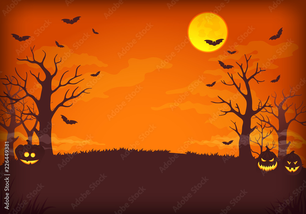 Spooky orange and purple night background with full moon, clouds, bats, bare trees and pumpkins with glowing faces.