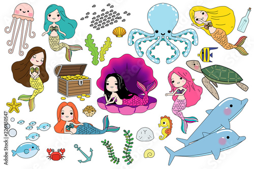 Cute little mermaid with sea animals. Under the sea in cartoon style, Vector illustration.