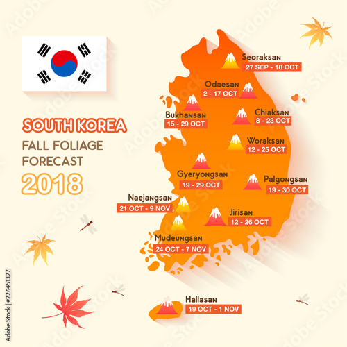 South Korea fall foliage forecast 2018 vector illustration. photo