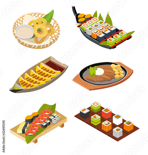 Sushi collection, isometric view, set. Vector flat illustration. Isolated on white background. photo