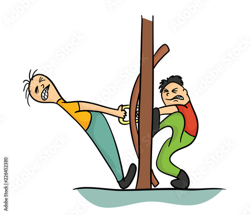 Two cartoon character trying to open the door, vector illustration