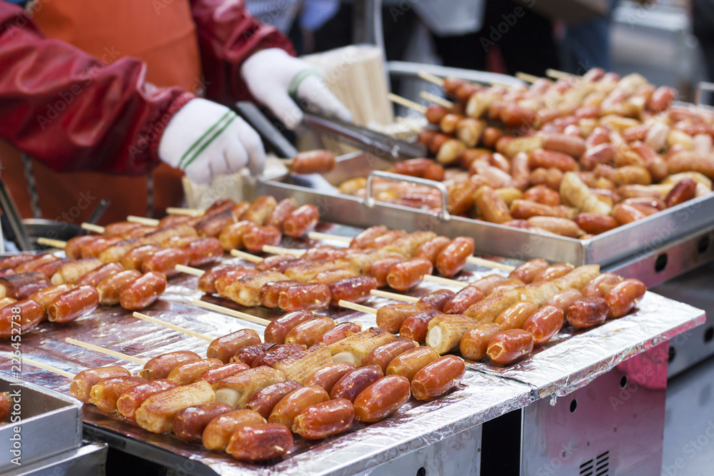 Street food, sausages on stick, Seoul, South Korea Street food, sausages on stick, Seoul, South Korea