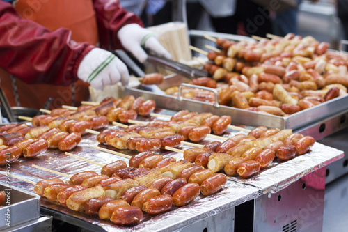 Street food, sausages on stick, Seoul, South Korea