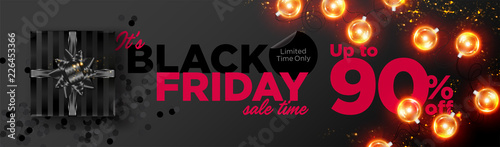 Black Friday Sale Vector Background. Business Promotion Banner with Special Offer Tag. Christmas Shopping Season Discount Flyer. Black Friday Deal. Weekend Sale. Elegant Long Horizontal Gift Coupon.