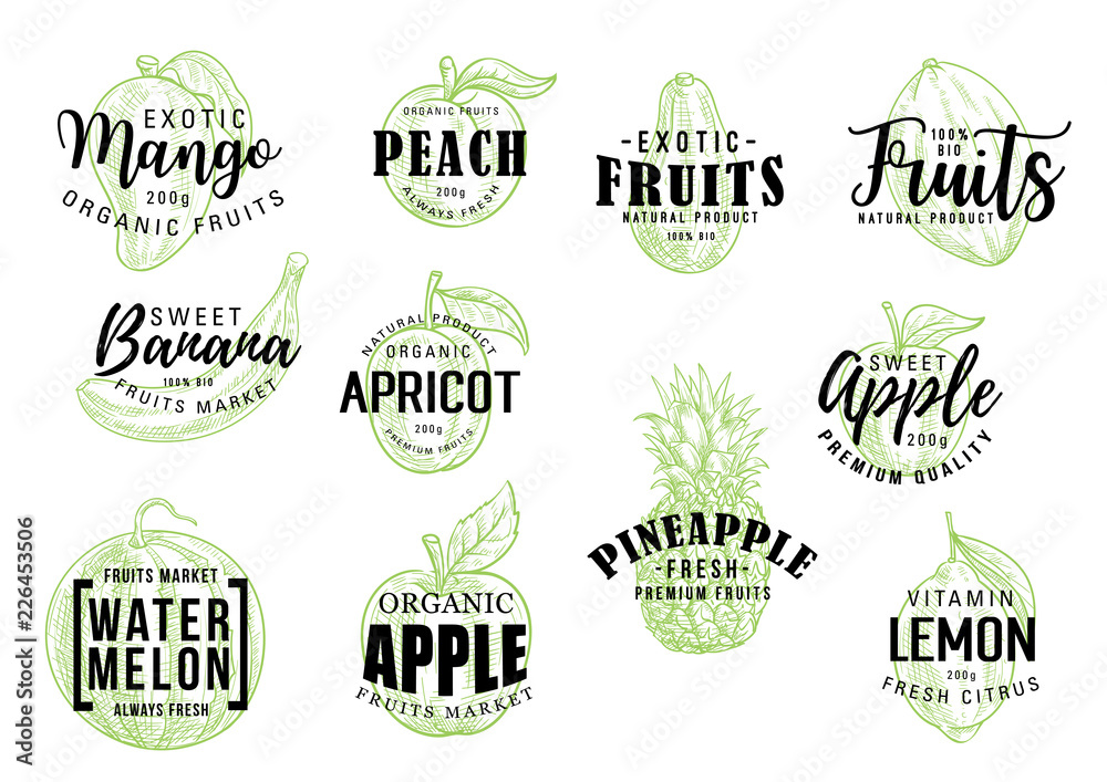 Obraz premium Exotic fruits market lettering sketch