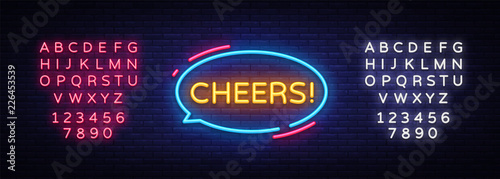 Cheers Neon Text Vector. Cheers neon sign, design template, modern trend design, night neon signboard, night bright advertising, light banner, light art. Vector illustration. Editing text neon sign