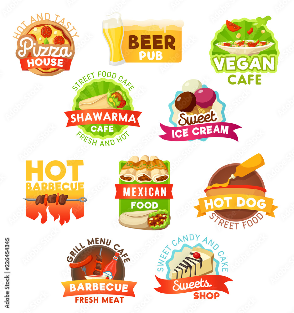 Naklejka premium Fast food barbecue, meals and beer vector icons