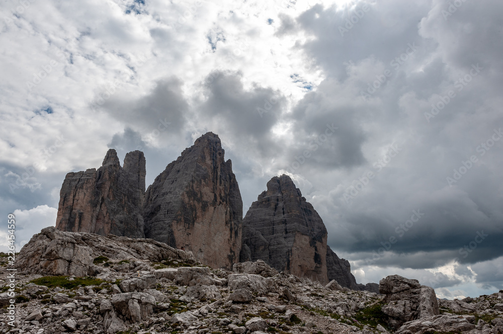 The Tre Cime di Lavaredo, the most famous peaks in the Italian Dolomites, on a summer afternoon The Tre Cime di Lavaredo, the most famous peaks in the Italian Dolomites, on a summer afternoon