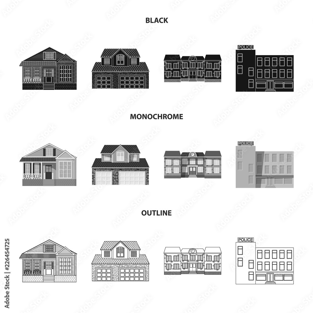 Vector illustration of building and front logo. Set of building and roof stock vector illustration.