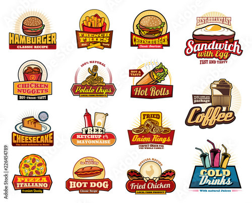 Fast food drinks, desserts and burgers icons