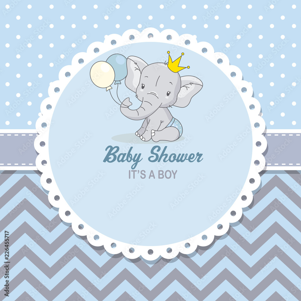 Fototapeta premium baby shower boy. Śliczny słoń z balonami. miejsce na tekst