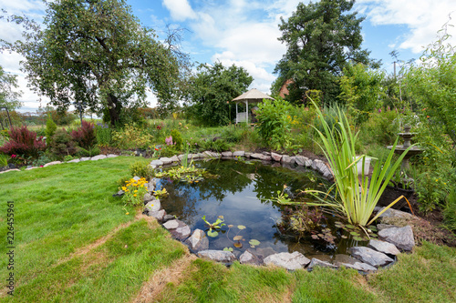 Beautiful designed garden fish pond with water-lily in a well cared backyard gardening background photo