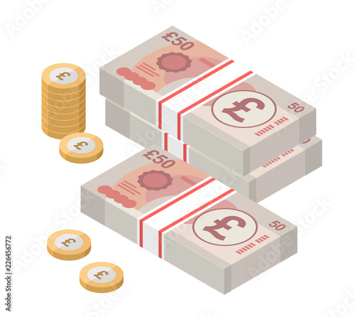 Isometric stacks of 50 pound sterling banknotes and coins. British money. Currency. Vector illustration.