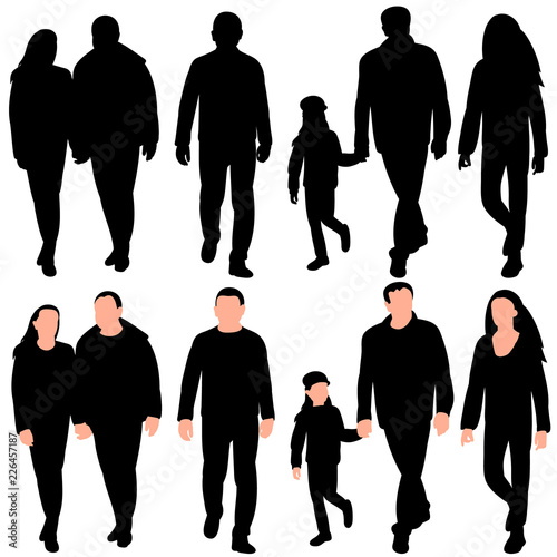 white background, set of silhouettes people go, man and women