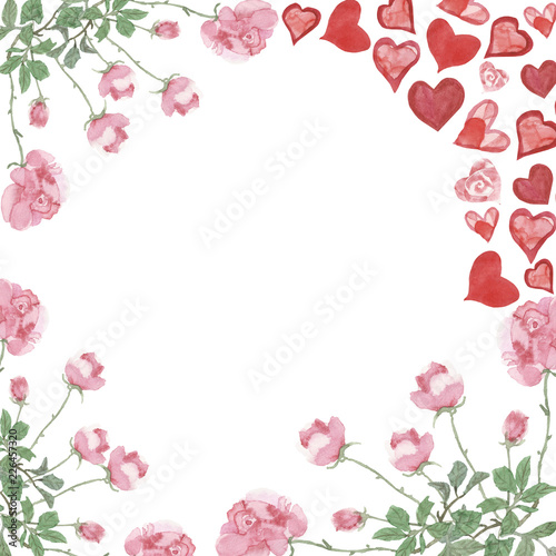 Watercolor round frame for Valentine s day red hearts  bouquet of pink roses isolated on white background.