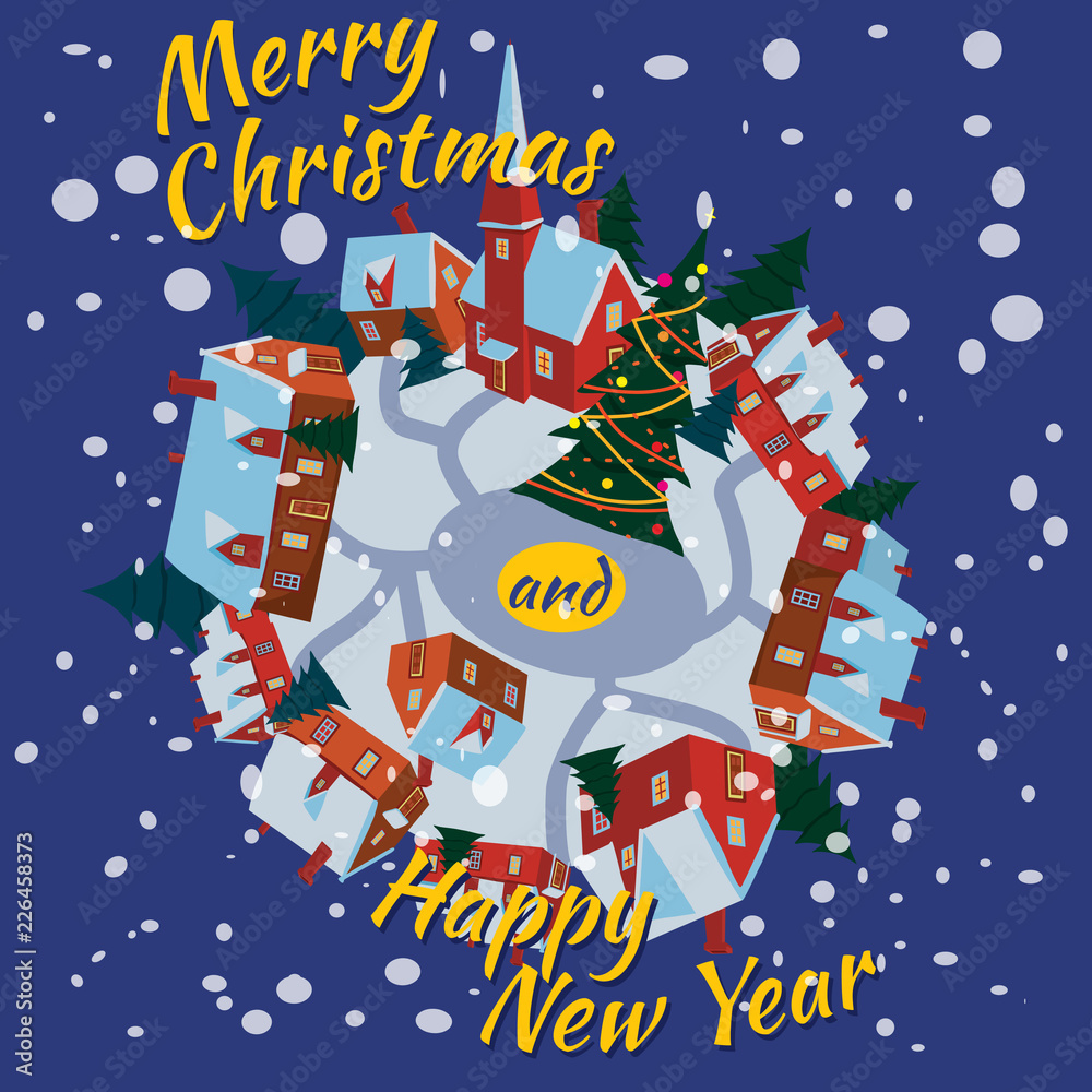 Fototapeta premium Merry Christmas and Happy New Year village houses with snow fall in the night. Vector, cartoon style, poster, card, baner, background.