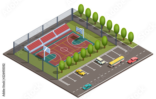 Vector 3d isometric stadium with field for basketball games, parking places for cars and road with vehicles. Sport arena with green trees near asphalt way. Isometry urban map, city concept.