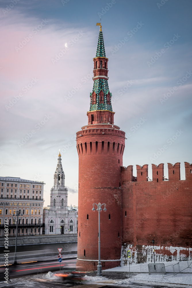 Beklemishevskaya Tower and The Church of St. Sophia Bell-Tower. Moscow, Russia. Kremlin, Moscow, Russia. January 9, 2018 Beklemishevskaya Tower and The Church of St. Sophia Bell-Tower. Moscow, Russia. Kremlin, Moscow, Russia. January 9, 2018