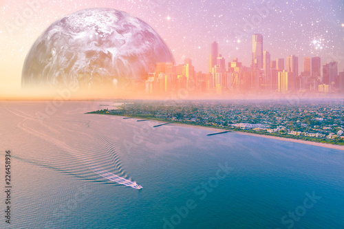 Fantasy landscape of boat near coastline with alien planet rising over the horizon