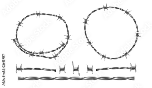 Barbed wire vector realistic illustration, separate elements of barbwire isolated on white background. Twisted steel rings, sharp spikes and parts to make your own metal border, decorative pattern