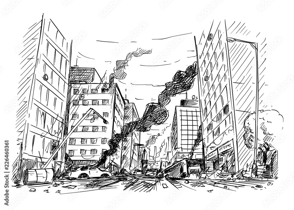 Pen and ink sketchy hand drawing of modern city street destroyed by war