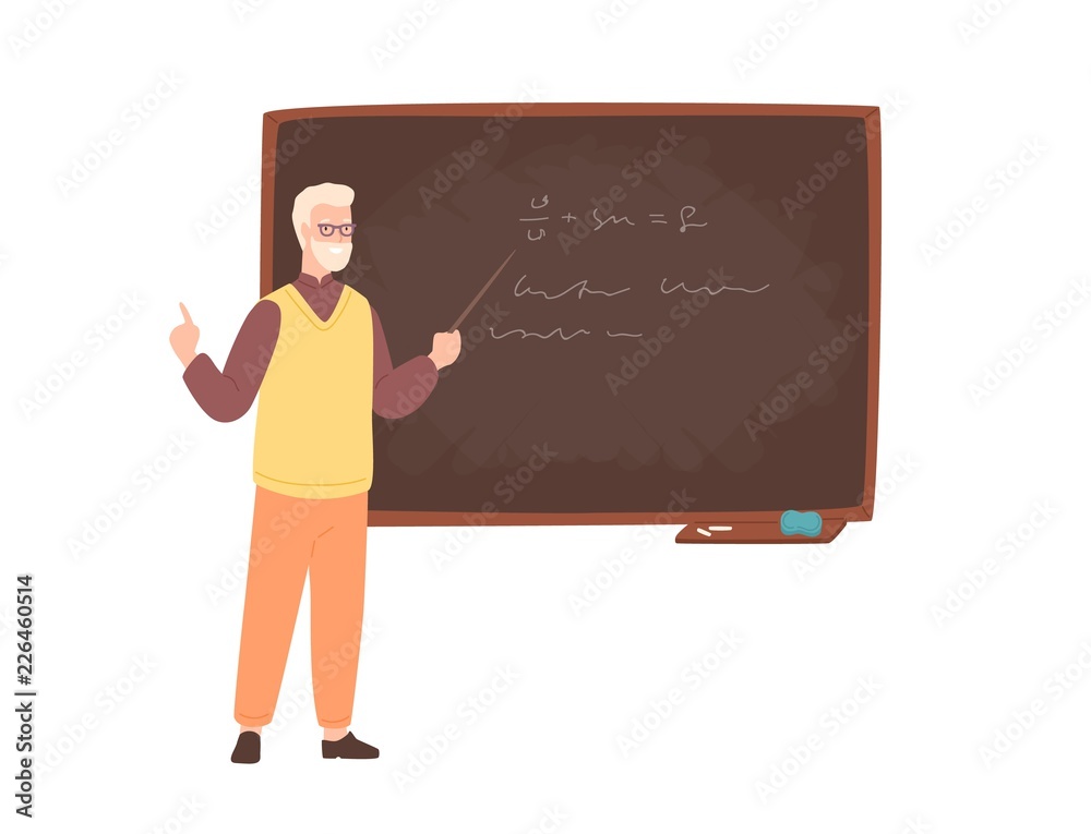 Elderly male college teacher, university professor, lecturer or educational worker standing beside chalkboard, holding pointer and teaching. Colorful vector illustration in flat cartoon style. Elderly male college teacher, university professor, lecturer or educational worker standing beside chalkboard, holding pointer and teaching. Colorful vector illustration in flat cartoon style.