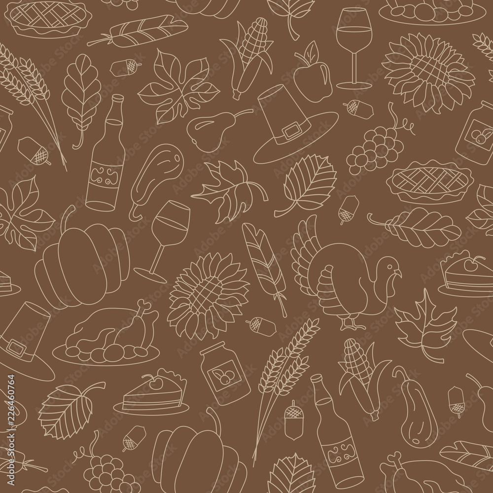 Seamless pattern for holiday Thanksgiving day, a simple hand-drawn contour shape,beige outline on a brown background