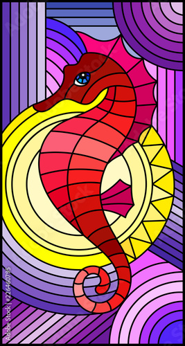 Illustration in stained glass style with fabulous abstract red  fish seahorse,  fish on purple  background