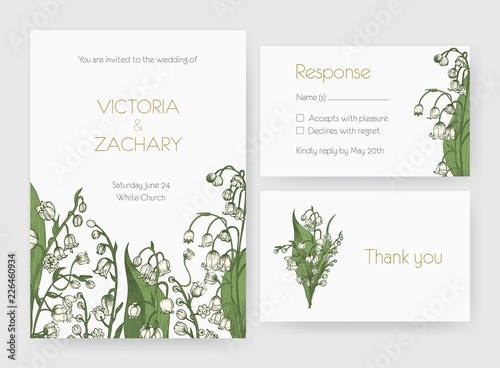Collection of romantic wedding invitation, Save The Date and response card templates decorated with wild lily of the valley flowers or flowering plants. Floral realistic vector illustration.