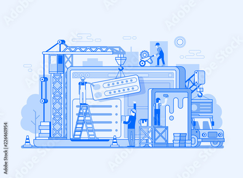 Site construction concept UI illustration in flat design. Maintenance page or 404 error. Web developing concept banner with computer, laptop and team of workers building landing page interface.