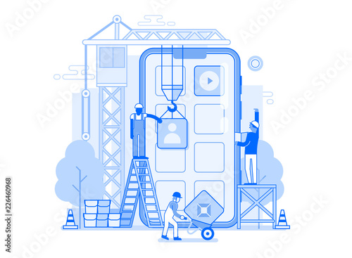 Application development UI illustration in flat design. Mobile app building concept banner with industrial crane and team of workers developing and constructing applications.