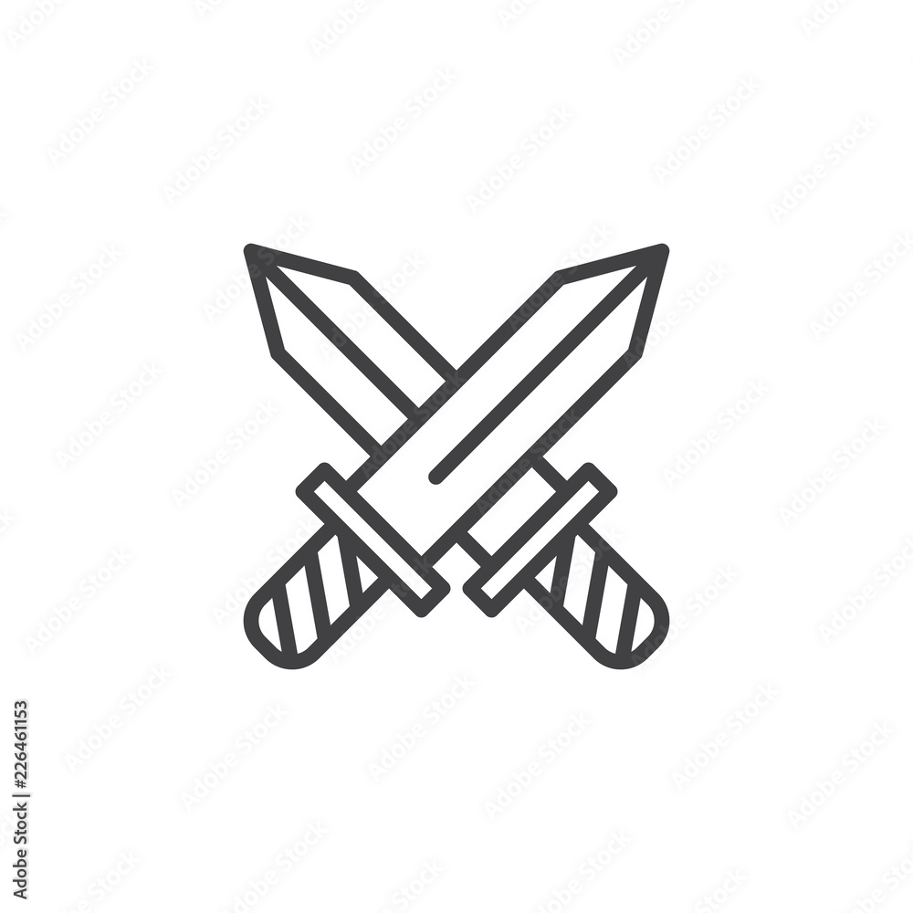 Monochrome vintage icon crossed swords. Simple shape for design logo,  emblem, symbol, sign, badge, label, stamp. Hand drawn vector illustration.  Military weapons, isolated on white background. Stock Vector