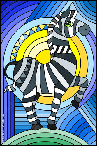Illustration in stained glass style with abstract geometric  Zebra and sun on blue background