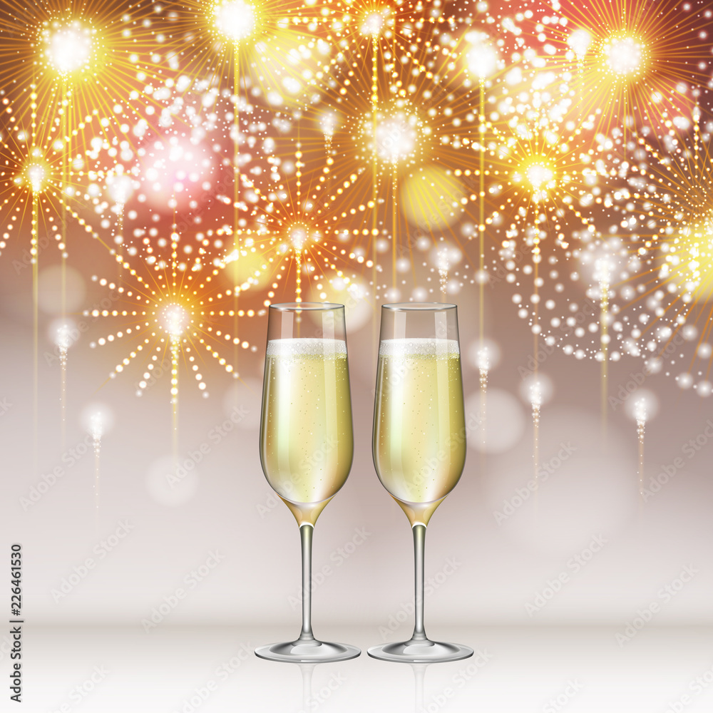 Realistic vector illustration of champagne glasses on holiday golden firework background Realistic vector illustration of champagne glasses on holiday golden firework background