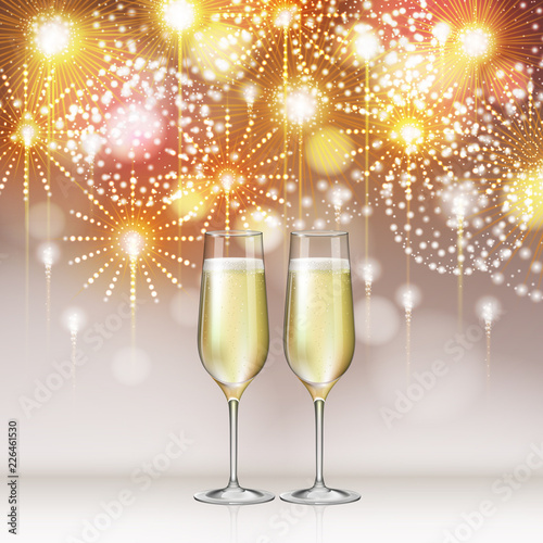 Realistic vector illustration of champagne glasses on holiday golden firework background photo