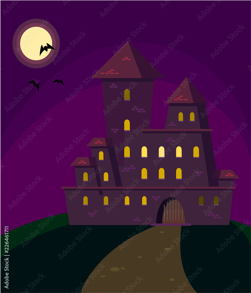 Halloween. Mysterious gloomy castle with moon and bats.