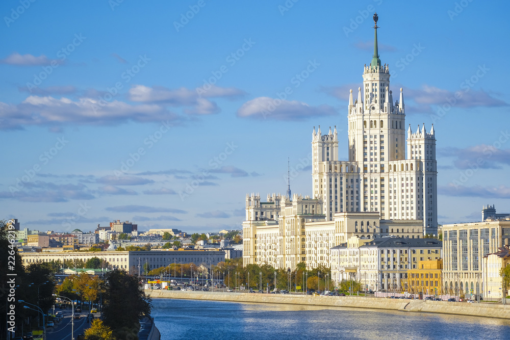 Fototapeta premium Moscow, Russia - October, 6, 2018: veiw to highrise building on Kotelnicheskaya embankment in Mosocw, Russia