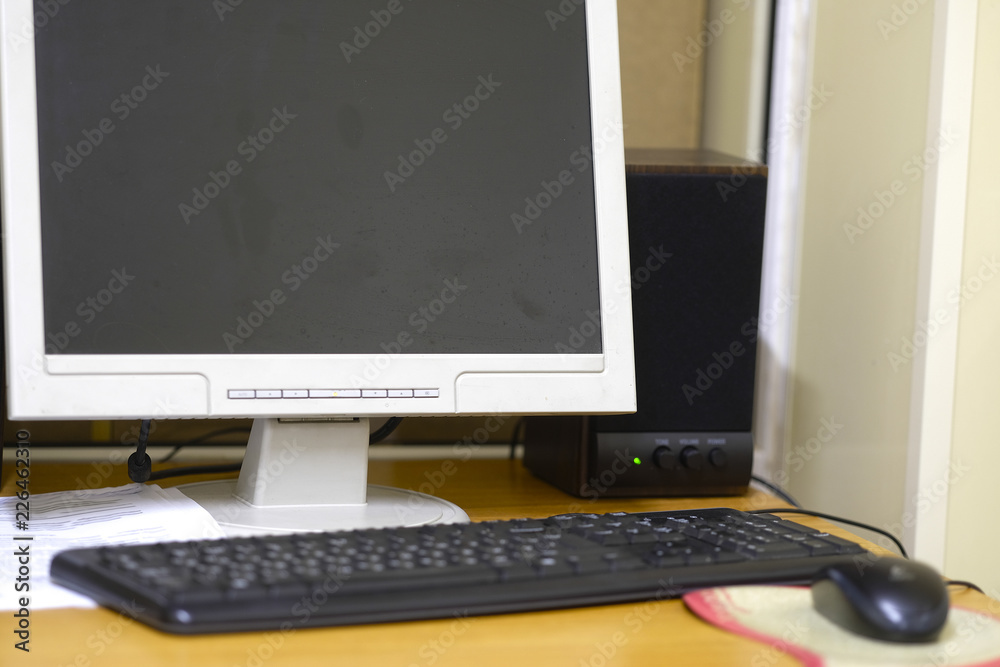 Moscow, Russia - September, 23, 2018: Computer monitor close up in Moscow privet school Moscow, Russia - September, 23, 2018: Computer monitor close up in Moscow privet school
