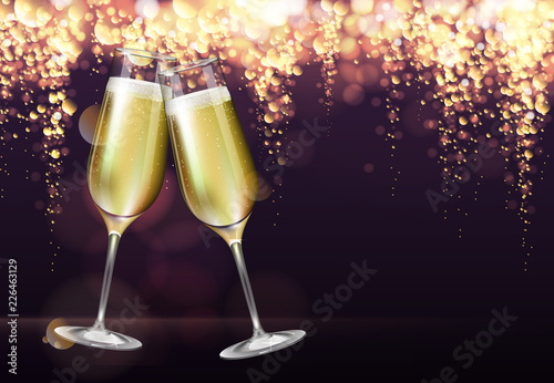 Realistic vector illustration of champagne glasses on blurred holiday golden sparkle background