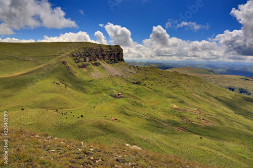 View of the mountain plateau in the clouds in the summer in the North Caucasus in Russia.