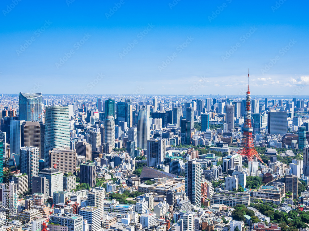 Obraz premium Tokio błękitne niebo i krajobraz miasta