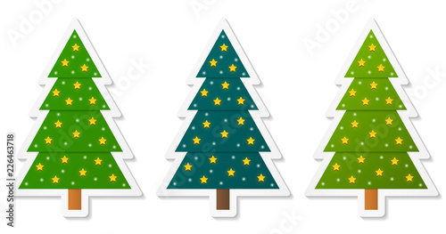 Set of abstract geometric coniferous trees stickers decorated with stars. Three shades of green. Vector EPS 10