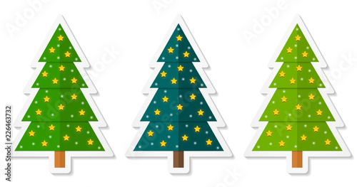 Set 2 of abstract geometric coniferous trees stickers decorated with stars. Three shades of green. Vector EPS 10