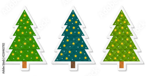 Set 5 of abstract geometric coniferous trees stickers decorated with stars. Three shades of green. Vector EPS 10