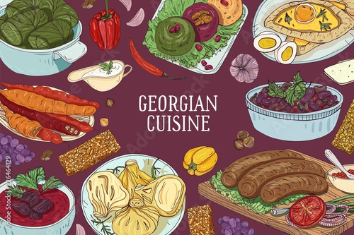 Colored horizontal background with delicious traditional meals of Georgian cuisine and place for text. Hand drawn realistic vector illustration for restaurant or delivery service promo, advertisement.