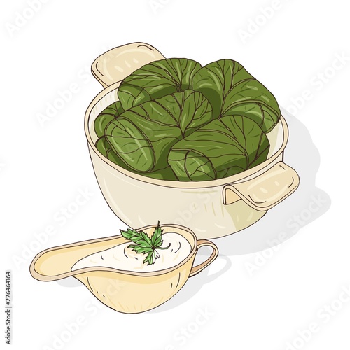 Drawing of dolma in bowl and sauce in gravy boat
