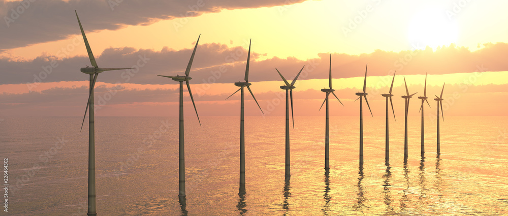 Offshore wind turbines against a sunny sky Offshore wind turbines against a sunny sky