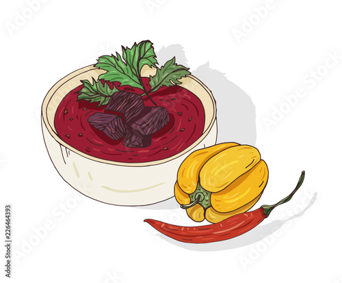 Spicy kharcho soup with tomatoes and meat